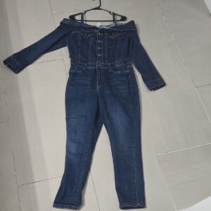 VENUS Dark Blue Off-Shoulder Denim Overalls